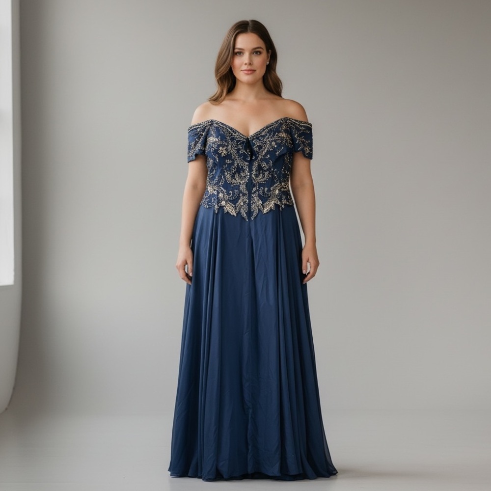 🌻Xscape Evenings  Off Shoulder Beaded Chiffon Gown Style Size 18Wide 4693XW Navy